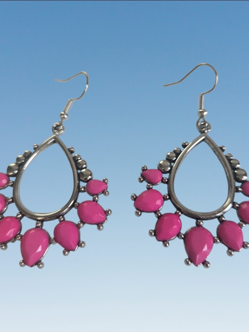 paparazzi Silver-Tone Teardrop Earrings with Hot Pink Accents